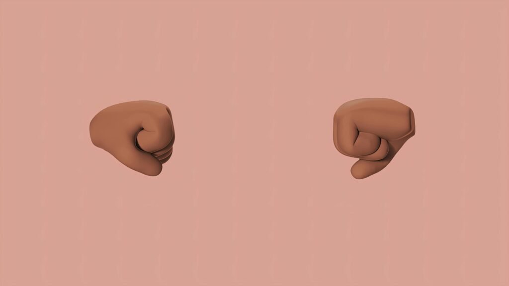 Two 3D rendered fists facing each other with a soft pink background, symbolizing strength and unity.