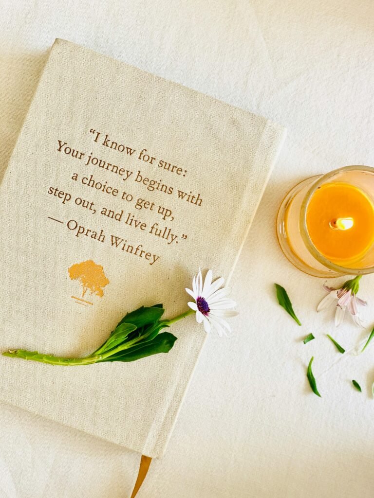 Flat lay of a quote book, yellow candle, and flowers for an inspiring setting.
